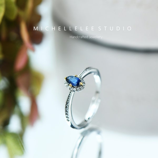 Sterling Silver Sapphire Adjustable Ring with Tiny Crystals, Blue Gemstone Ring, Adjustable Sterling Silver Ring, September Birthstone