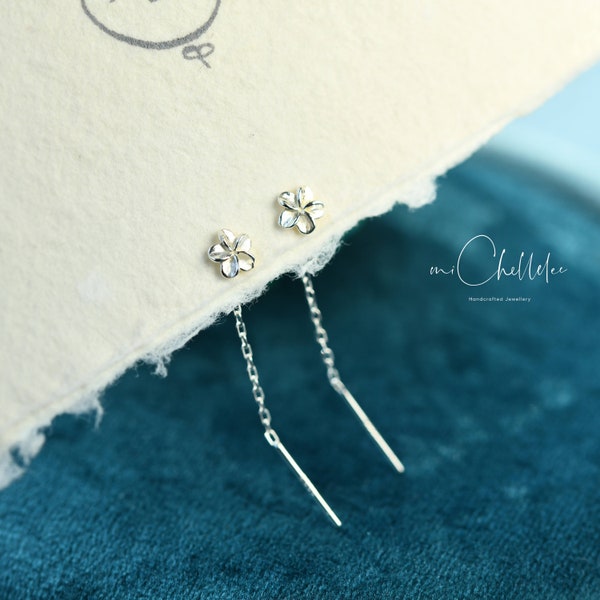 Super Tiny Flower Ear Threaders, Sterling Silver Flower Threaders, Droplet Ear Threaders, forget me not, Minimalist