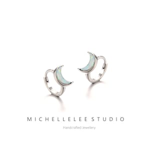 Minimalist White Opal Moon Huggie Hoop Earrings in Sterling Silver, Crescent Moon Hoops Earrings, Simple Geometric Jewellery