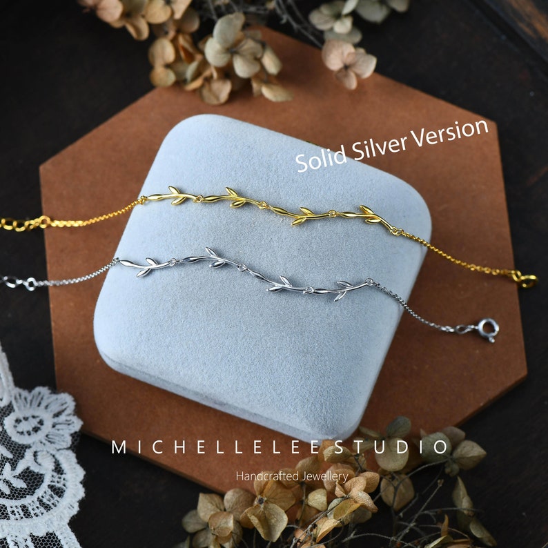 Dainty Olive Leaves Bracelet in Sterling Silver, CZ Crystal Tree Leaves Bracelet, Gift for Her image 1