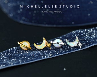 White Opal Moon and Saturn Sterling Silver Stud Earrings, Mismatched  Starburst Moon and Planet Earrings, Birthstone