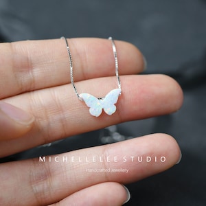 Butterfly Opal Necklace, White Opal Necklace, Opal Butterfly Necklace with Matching Stud Earrings in Sterling Silver, October Birthstone