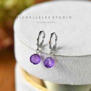 Hand Carved Amethyst Flower Hoop Earrings, February Birthstone