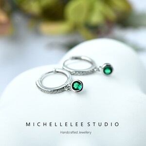 Sterling Silver Huggie Hoops with Crystal Charm, CZ Crystal Hoops Earrings, Tiny Circle Charm Earrings image 3