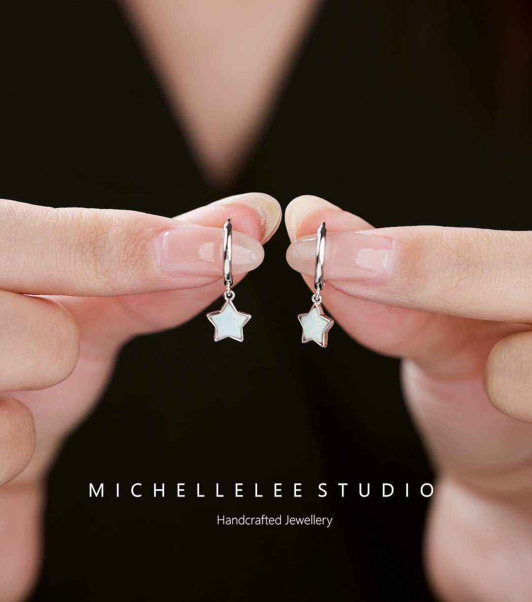 Dangling Opal Star Huggie Hoop Earrings in Sterling Silver, White Opal Hoops Earrings, Birthstone - Etsy Japan