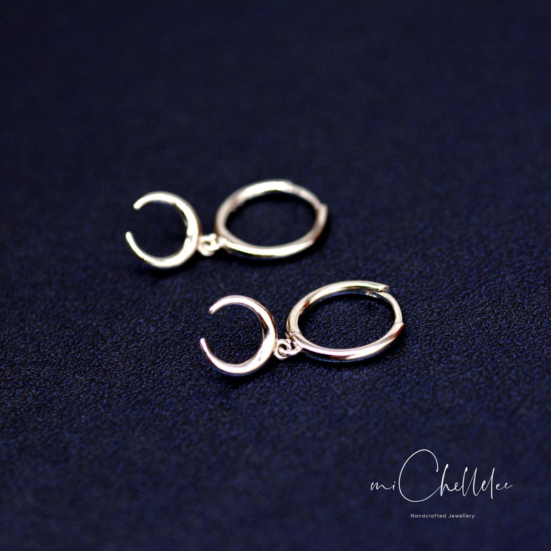 Sterling Silver Moon Huggie Hoop Earrings,Horn Dangle Drop Earrings,Tiny Hoops in Gold and Silver Minimalist Earrings