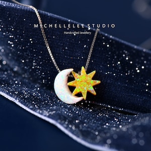 Sterling Silver Created Blue Opal Moon & Star Necklace Sterling Silver Created Blue Opal Moon & Star Necklace
