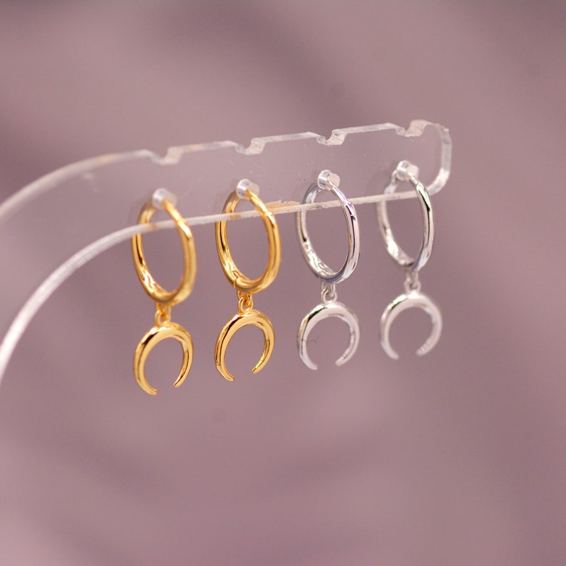 Sterling Silver Moon Huggie Hoop Earrings,Horn Dangle Drop Earrings,Tiny Hoops in Gold and Silver Minimalist Earrings