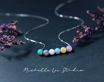 Personalized Opal Necklace, Multi Color Opal Balls Necklace, Delicate Gemstone Sterling Silver Necklace
