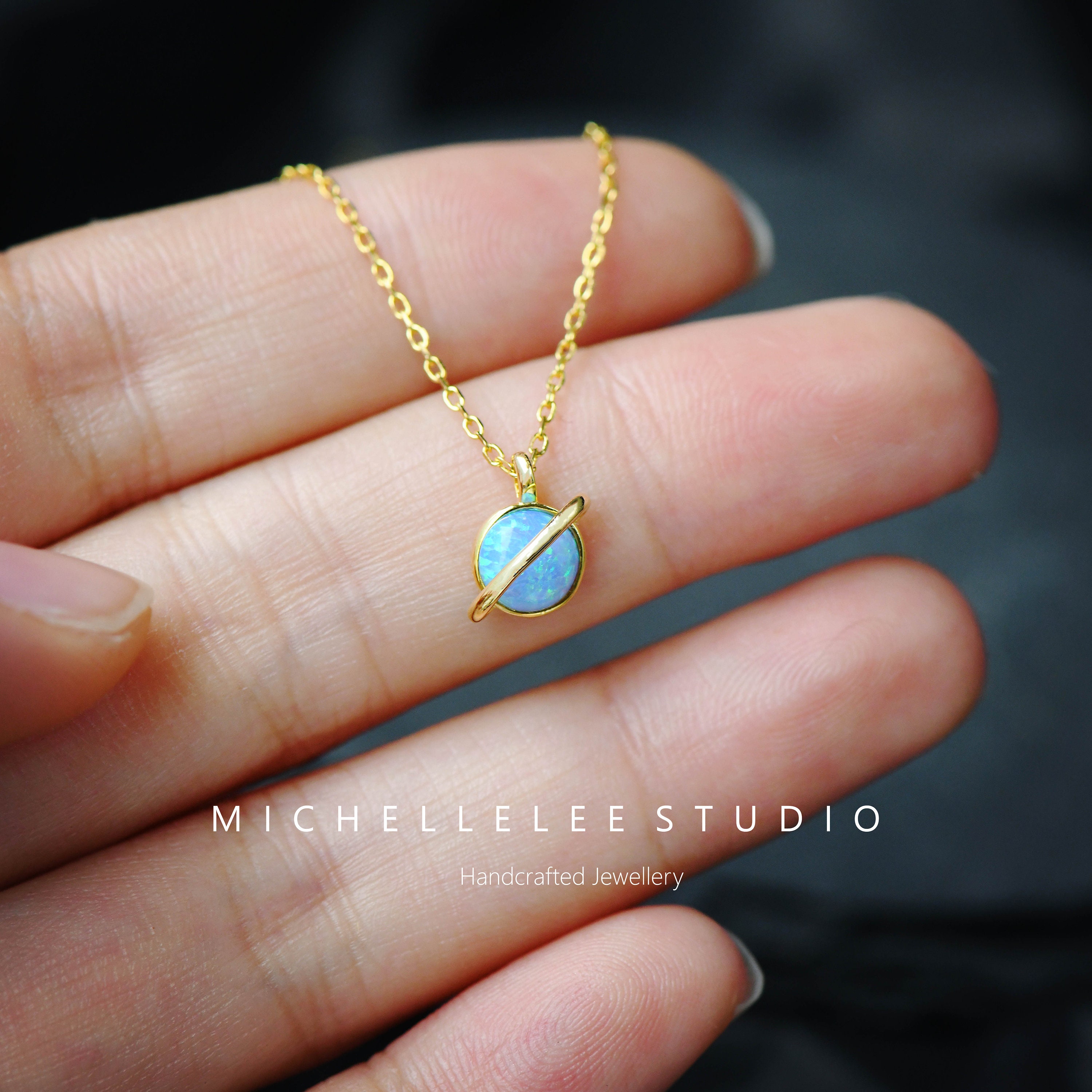 White Fire Opal Planet Pendant Necklace, Saturn Necklace