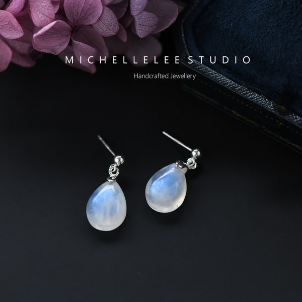 Natural Blue Moon Stone Teardrop Stud Earrings in Sterling Silver, Dangling Droplet Gemstone Earrings