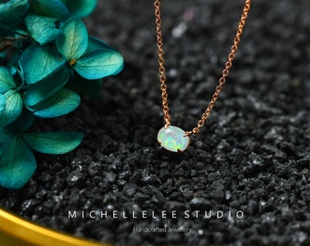Rose Gold Fire Opal Necklace, Elegant Gemstone Pendant