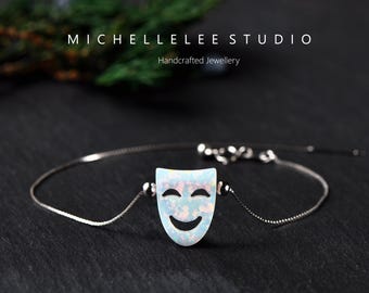 Opal Theatre Masks Necklace,  Fire Opal Necklace with Sterling Silver Chain, Comedy Tragedy Mask, Drama