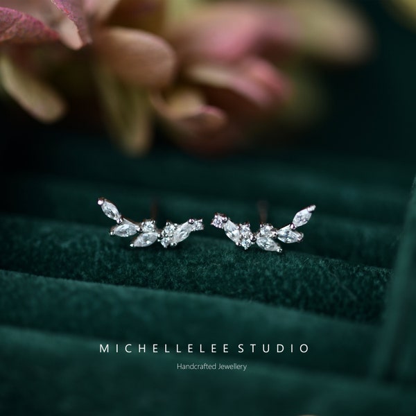 Multi Color Crystal Cluster Sterling Silver Earrings, Bridal Stud Earrings, Baguette CZ Trio, Stacking Earrings