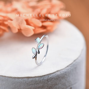 Sterling Silver Opal Cluster Ring, White Opal Bridal Ring, Opal Leaf Ring, Stacking Ring