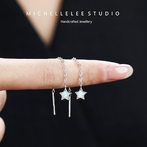 Pendientes de estrella de ópalo blanco, pendientes de cadena de estrella de ópalo de fuego, pendientes de plata de ley