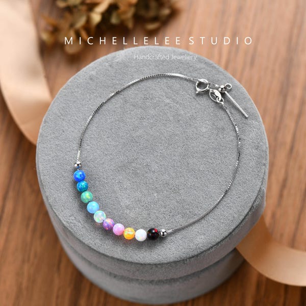 Personalisation Opal Bead Anklet, Multi-Colour Opal Balls Anklet, Delicate Gemstone Sterling Silver Anklet, October Birthstone