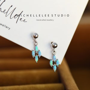 Dangling Opal Cluster Stud Earrings, Marquise Cut Crystal Drop Earrings,Sterling Silver Earrings