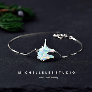 Unicorn Opal Bracelet, 925 Sterling Silver Chain, Animal Jewelry