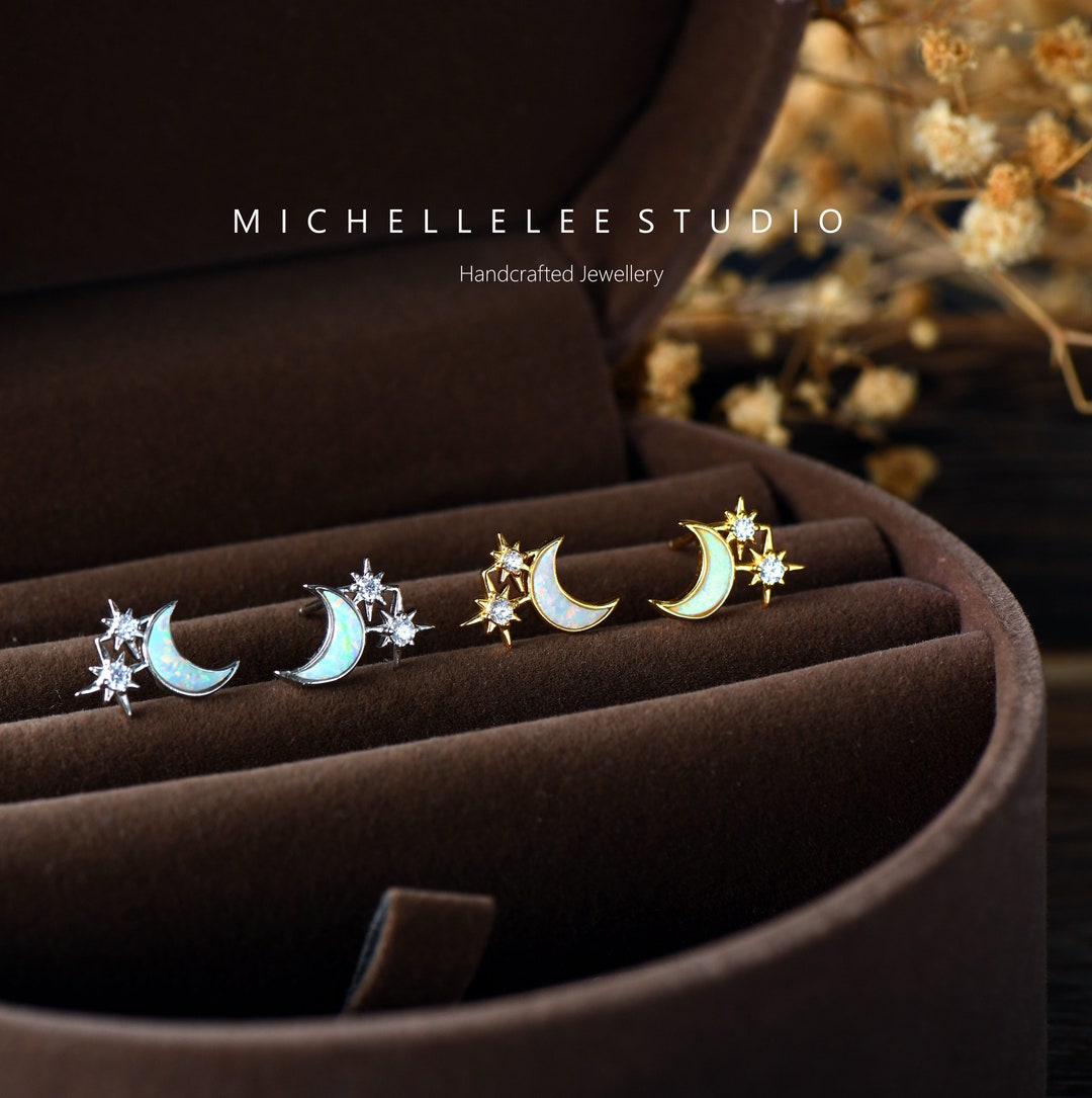 White Opal Moon and Star Stud Earrings, Sparkling Crescent Moon and Star Stud Earrings, Fire Opal Starburst Earrings, Celestial, Space - Etsy Japan