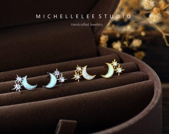 White Opal Moon and Star Stud Earrings, Sparkling Crescent Moon and Star Stud Earrings, Fire Opal Starburst Earrings, Celestial, Space