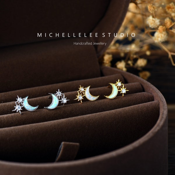White Opal Moon and Star Stud Earrings, Sparkling Crescent Moon and Star Stud Earrings, Fire Opal Starburst Earrings, Celestial, Space