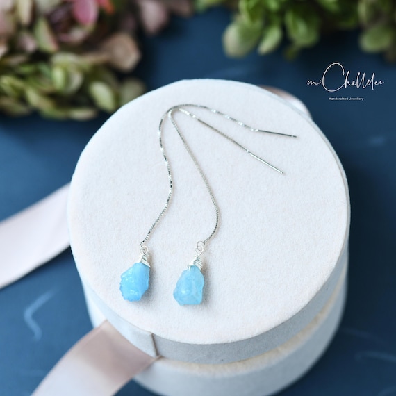 Aquamarine Earrings, Wire Wrapped Gemstone Sterling Silver Threaders, Threader Earrings, March Birthstone, baby blue