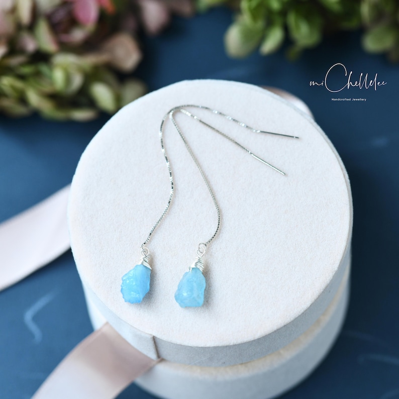 Aquamarine Earrings, Wire Wrapped Gemstone Sterling Silver Threaders, Threader Earrings, March Birthstone, baby blue image 1