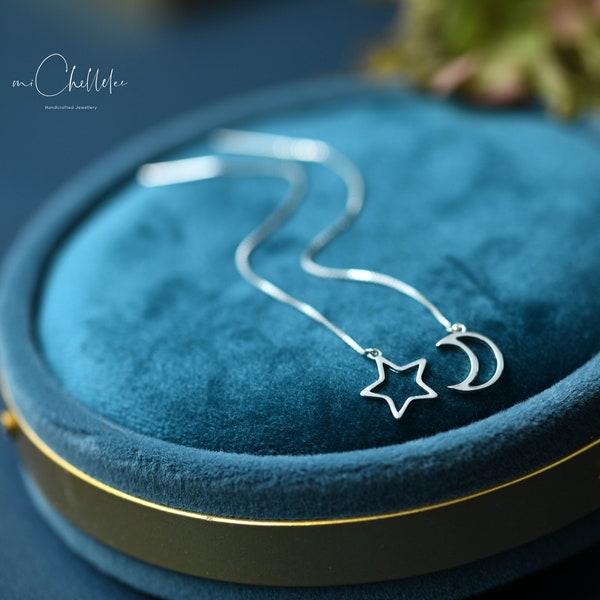 Mismatched Sterling Silver Moon and Star Threader Earrings