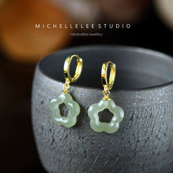 Natural Green Jade Flower Huggie Hoop Earrings, Sterling Silver Earrings with Natural Jade Ball, Gift for her, Matching Necklace Available