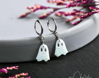 Halloween Geister Opal Creolen in Sterling Silber, Feuer Opal Specter Ohrringe, Halloween, Opal Schmuck