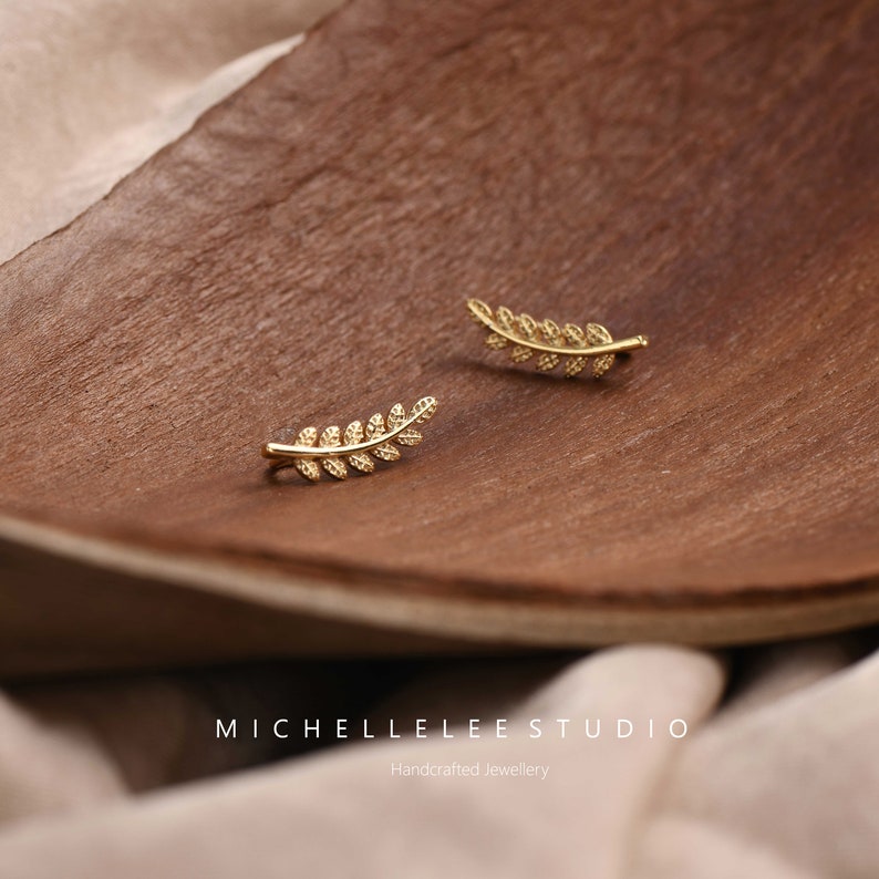 Delicate Leaf Ear Climbers, Gold and Silver Stainless Steel Olive Leaves Earrings, Ear Crawlers, Ear Climber image 2