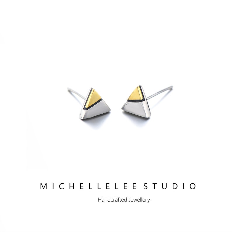 Gold and Silver Mismatched Color Triangle Stud Earrings, Minimalist Geometry Earrings image 3