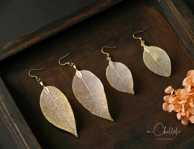 Leaf Skeleton Drop Earrings, Hook Earrings, Delicate and Elegant, 18ct Gold Plated or Silver Plated, Nature Inspired Jewellery image 2