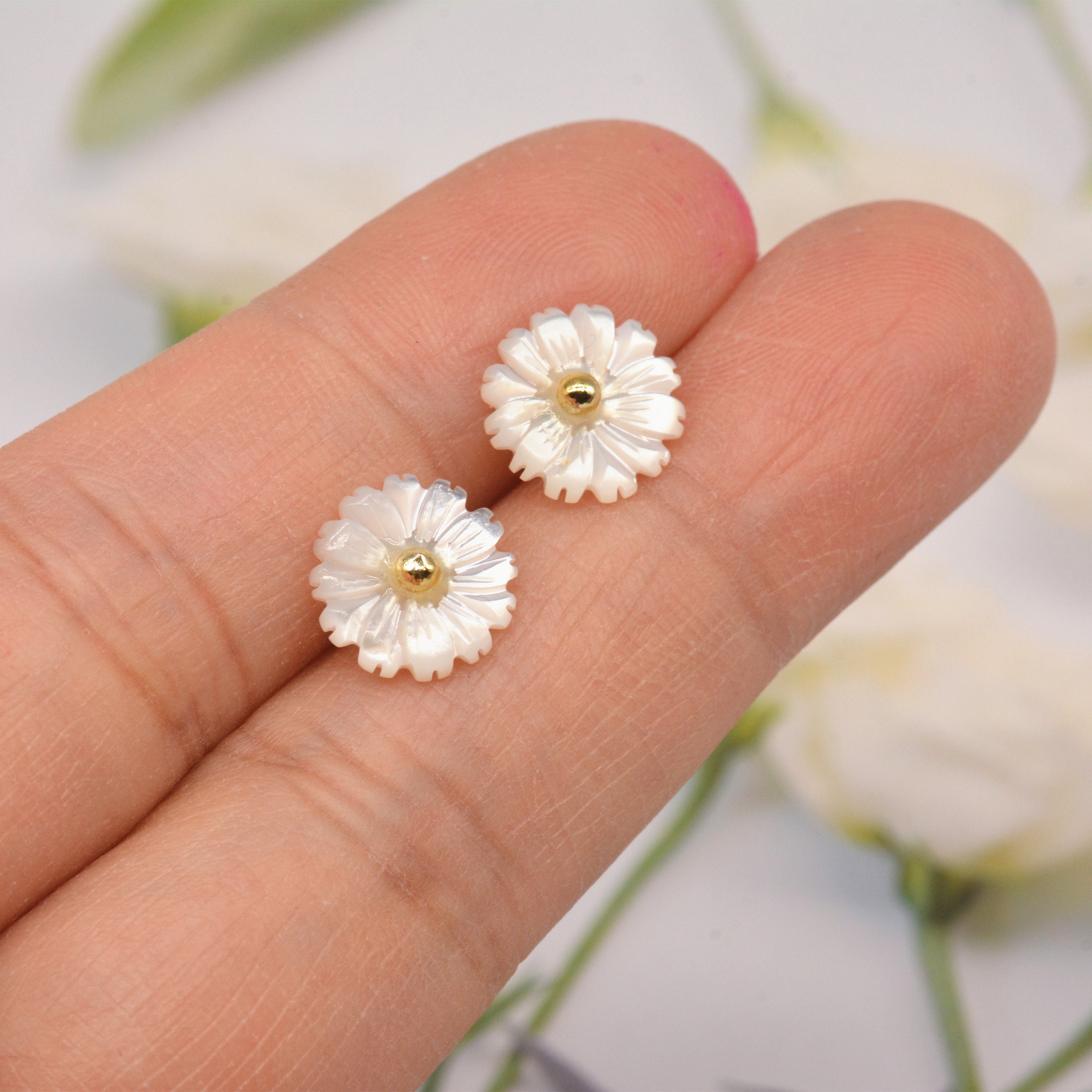 Hand Carved White Mother of Pearl Daisy Flower Stud Earrings Etsy
