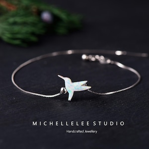Hummingbird Opal Bracelet, Fire Opal Bird Bracelet, White Opal Bracelet with Sterling Silver Chain, Opal Jewellery