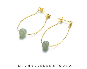 Simple Green Jade Ball Large Hoop Earrings, Sterling Silver Gemstone Drop Earrings, Jade Bead Earrings