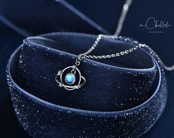 Blue Moonstone Saturn Necklace, Sterling Silver Planet Pendant