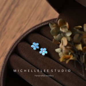 Small Opal Flower Sterling Silver Stud Earrings with Screw Backs, White and Blue Opal Flower Earrings, Gift for her