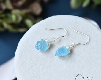 Raw Aquamarine Hook Earrings, Wire Wrapped Natural Aquamarine Drop Earrings with Matching Pendant, March Birthstone