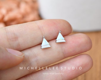 White Opal Triangle Stud Earrings, Fire Opal Triangle Earring Studs with Matching Necklace, Sterling Silver Earrings, Minimalist Geometric