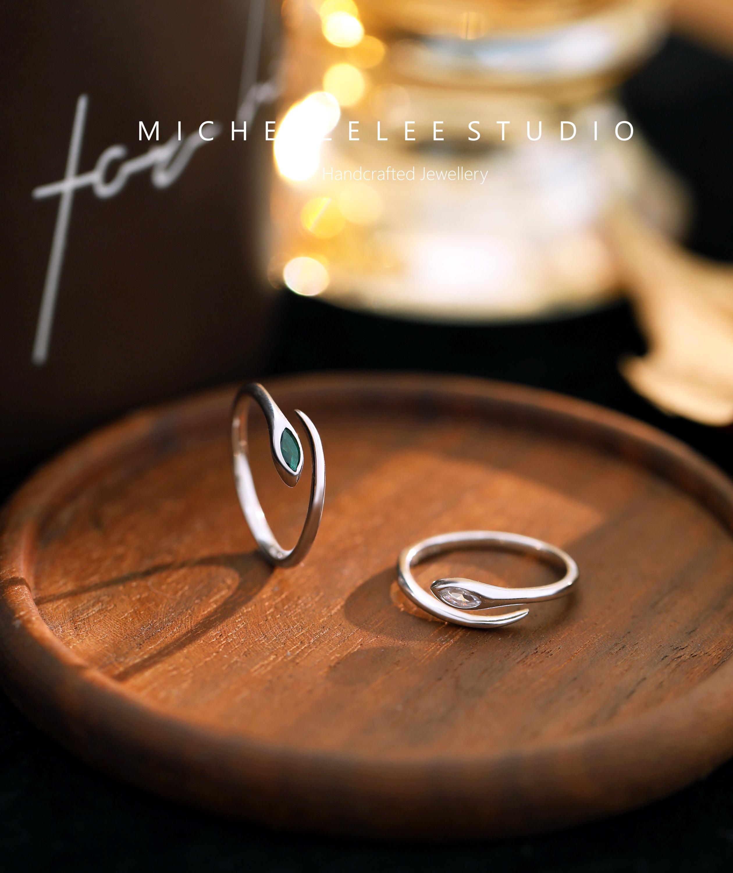 Crystal Snake Sterling Silver Adjustable Ring, White and Green Crystal Ring