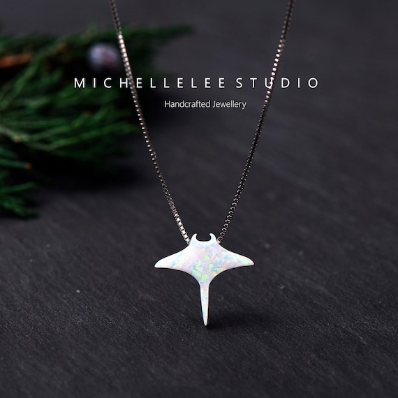 Manta Ray Opal Necklace, Fire Opal Necklace, White Opal Necklace, Stingray Necklace with Sterling Silver Chain, Sea Animal