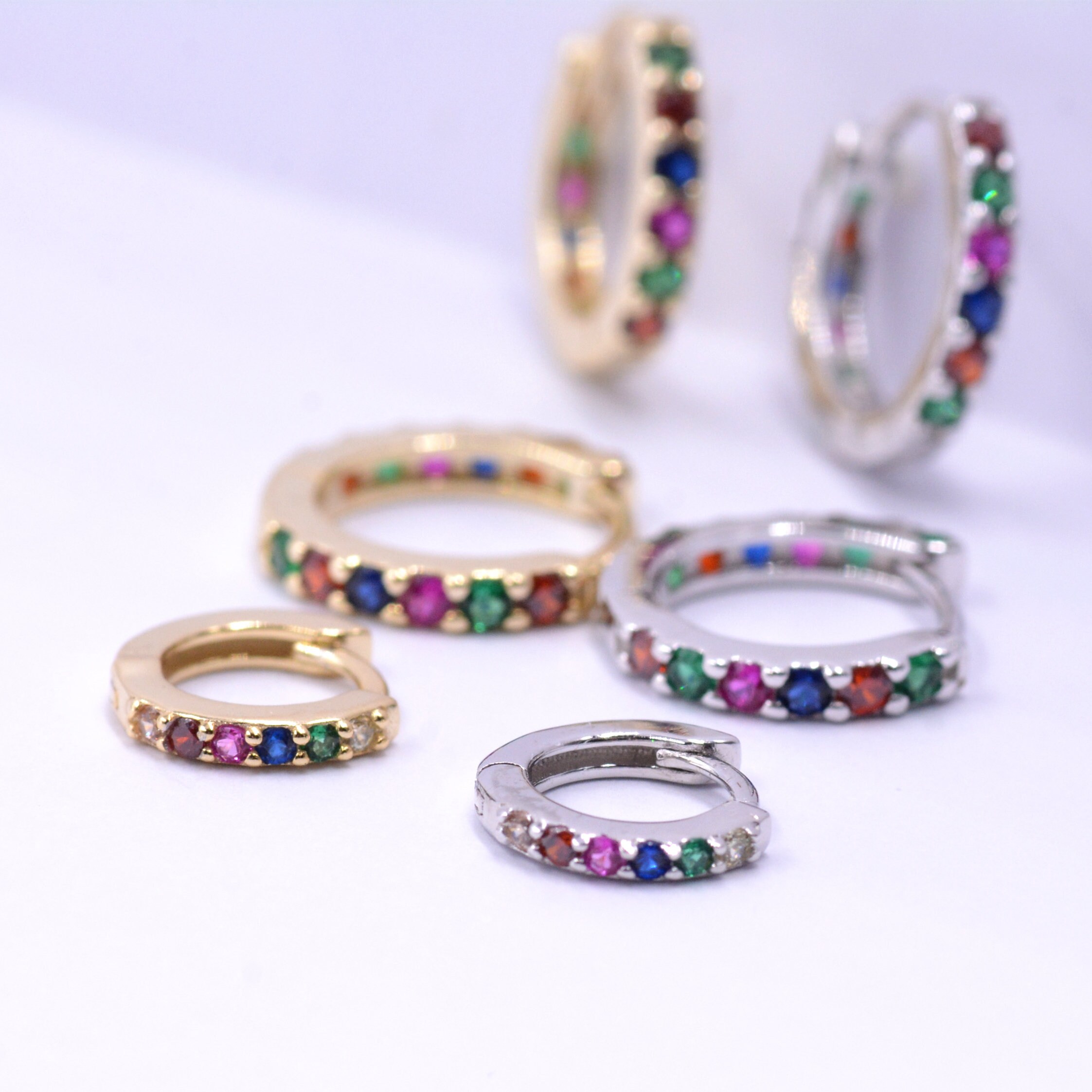 Sterling Silver Rainbow Huggie Hoop Earrings CZ Pave Rainbow Etsy UK