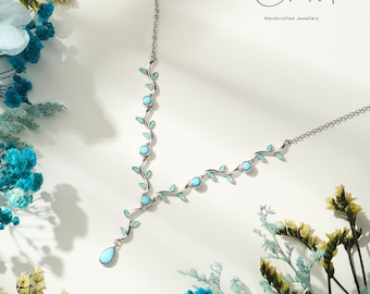 Natural Turquoise Leaf Necklace, 925 Sterling Silver Vine Pendant Necklace, Botanical Jewellery Gift for Women