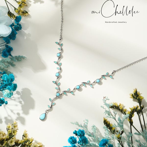 Halskette mit natürlichem Türkisblatt, Anhänger aus 925er Sterlingsilber mit Rankenmotiv, botanisches Schmuckgeschenk für Damen