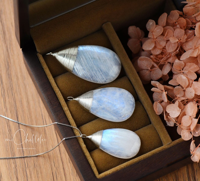 Large Natural Blue Moonstone Pendant Necklace, Teardrop Gemstone Necklace with Matching Earrings, Raindrop, June Birthstone image 3