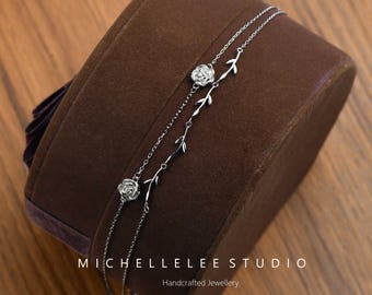 Dainty Rose and Leaves Anklet in Sterling Silver, Tree Leaves Anklet, Flower Bracelet, Gift for Her