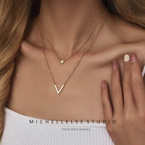 Double Layer Triangle Opal and Chevron Pendant Necklace, White Opal and CZ Crystal Necklace, Birthstone