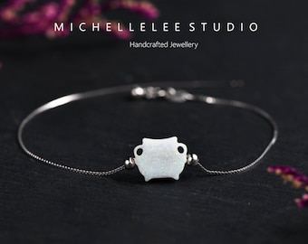 Halloween Cauldron Opal Bracelet, Fire Opal Wizard Pot Bracelet, White and Black Opal Bracelet with Sterling Silver Chain, Opal Jewelry